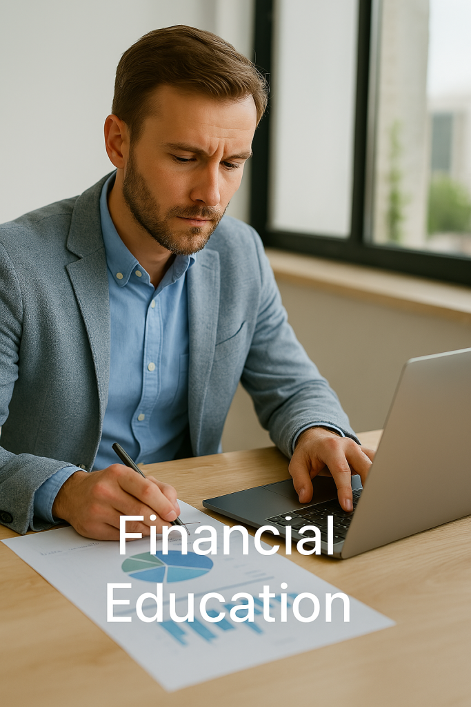 Financial education and empowerment A workspace with a laptop showing financial graphs – a symbol of financial education and empowerment.