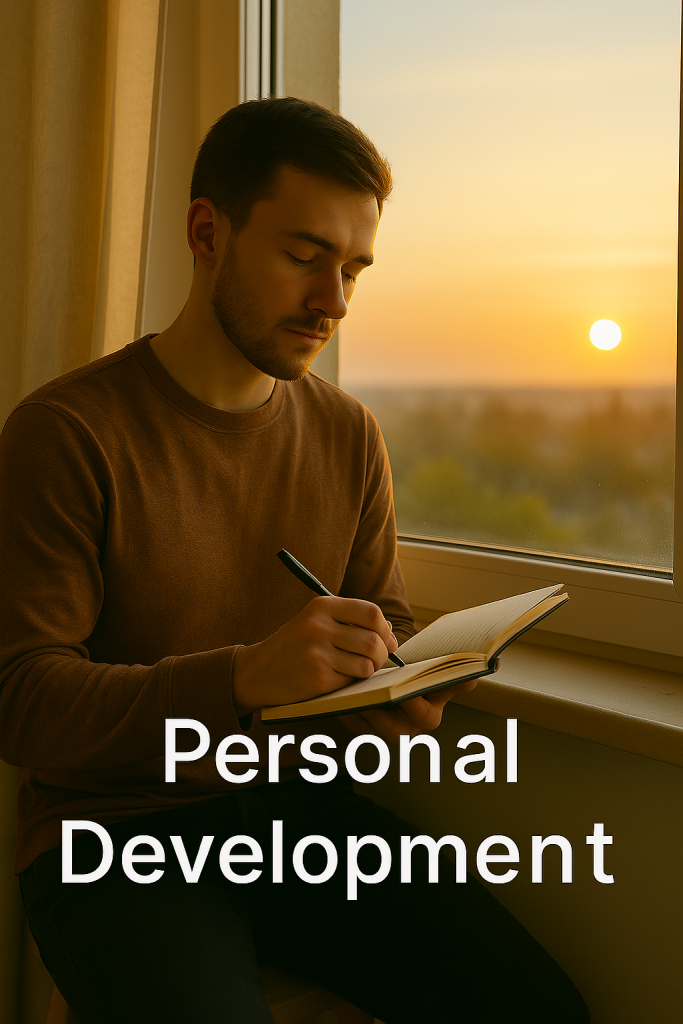 Personal growth and self-reflection A person journaling by a window during sunrise – representing self-growth and personal development.